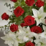Primer plano macro de un arreglo fúnebre 'Pedestal Fúnebre Adoración' con rosas rojas vibrantes y lirios blancos puros, cubie