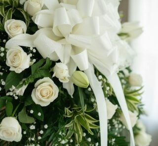 Primer plano macro de un arreglo fúnebre con rosas blancas, lirios y follaje verde con rocío, destacando texturas y una cinta