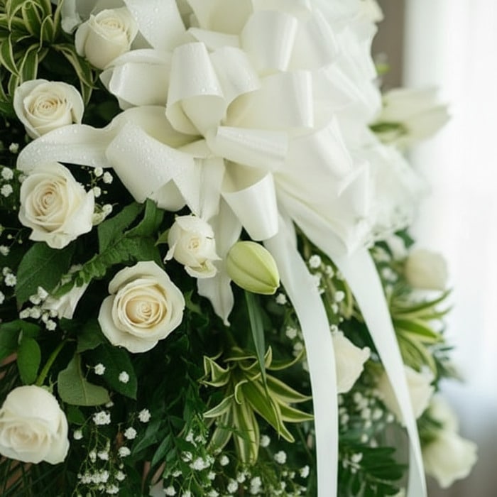 Primer plano macro de un arreglo fúnebre con rosas blancas, lirios y follaje verde con rocío, destacando texturas y una cinta