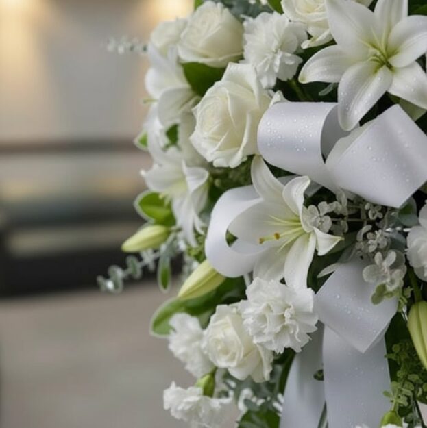 Fotografía macro premium del Pedestal Fúnebre Hasta Pronto, mostrando texturas hiperrealistas de rosas blancas, lirios y foll