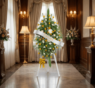 Pedestal fúnebre con rosas blancas y amarillas, ideal para honrar la memoria de un ser querido en una sala de velación elegan