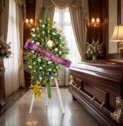 Pedestal fúnebre elegante con rosas amarillas y blancas, cinta morada 'EN NUESTRO RECUERDO', junto a un ataúd en sala de vela
