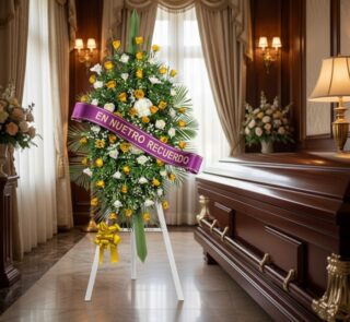Pedestal fúnebre elegante con rosas amarillas y blancas, cinta morada 'EN NUESTRO RECUERDO', junto a un ataúd en sala de vela
