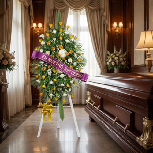 Pedestal fúnebre elegante con rosas amarillas y blancas, cinta morada 'EN NUESTRO RECUERDO', junto a un ataúd en sala de vela