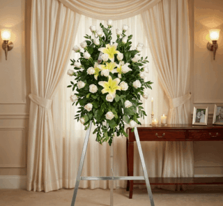 Pedestal fúnebre "Luz de Jacinta" con rosas blancas y lirios amarillos, en una elegante sala de velación con iluminación cáli