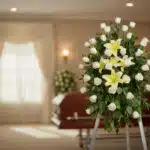 Pedestal fúnebre "Luz de Jacinta" con rosas blancas y lirios amarillos en sala de velación moderna, ataúd desenfocado al fond