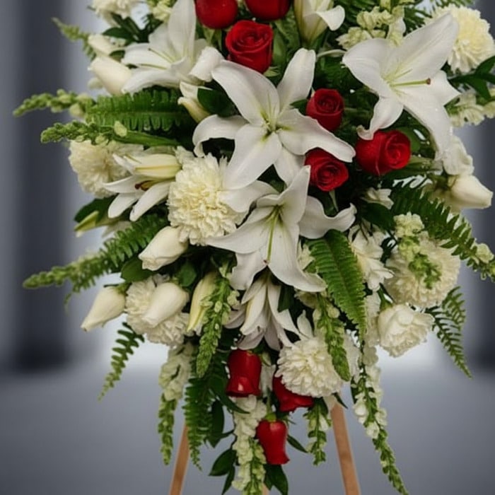 Fotografía macro premium del Pedestal Fúnebre Homenaje, mostrando lirios blancos, rosas rojas y follaje verde con rocío sutil