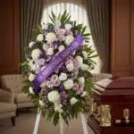 Pedestal fúnebre con flores blancas y moradas, cinta morada con mensaje 'En Profunda Simpatía', junto a un ataúd en sala de v