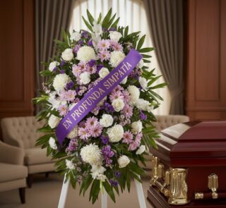 Pedestal fúnebre con flores blancas y moradas, cinta morada con mensaje 'En Profunda Simpatía', junto a un ataúd en sala de v