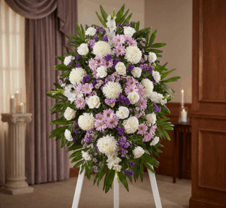 Impresionante pedestal fúnebre de homenaje con flores blancas, lilas y rosadas, ideal para honrar la memoria de Patricio en u