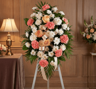 Pedestal fúnebre de homenaje para Timoteo, con arreglo floral de claveles coral, rosas durazno y crisantemos blancos, en sala