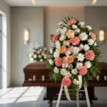 Pedestal fúnebre de homenaje para Timoteo, con claveles salmón, rosas melocotón y crisantemos blancos, en una sala de velació