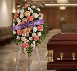 Pedestal fúnebre de homenaje para Timoteo con arreglo floral de claveles, rosas y crisantemos, cinta morada con mensaje de pé