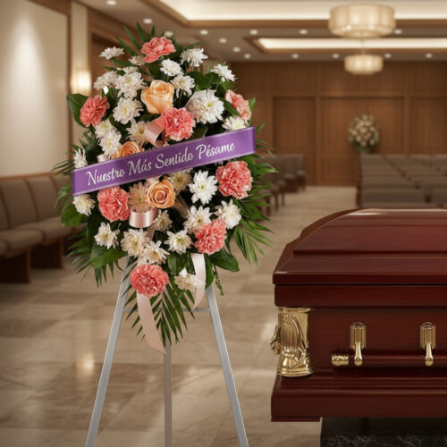 Pedestal fúnebre de homenaje para Timoteo con arreglo floral de claveles, rosas y crisantemos, cinta morada con mensaje de pé