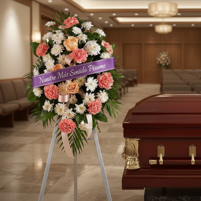 Pedestal fúnebre de homenaje para Timoteo con arreglo floral de claveles, rosas y crisantemos, cinta morada con mensaje de pé