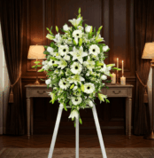 Pedestal fúnebre Inmaculada con lirios blancos, gerberas y follaje verde, presentado en una elegante sala de velación con ilu