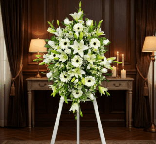 Pedestal fúnebre Inmaculada con lirios blancos, gerberas y follaje verde, presentado en una elegante sala de velación con ilu