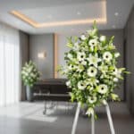 Pedestal fúnebre Inmaculada con lirios blancos, gerberas y follaje verde en una sala de velación moderna, transmitiendo paz y