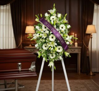 Pedestal fúnebre Inmaculada con lirios blancos, gerberas y follaje, adornado con una cinta morada que dice 'In Loving Memory'