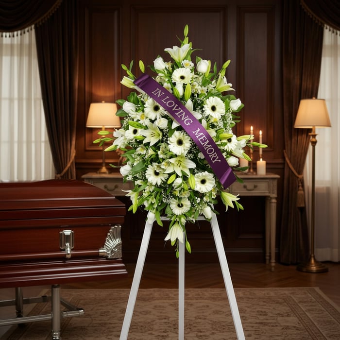 Pedestal fúnebre Inmaculada con lirios blancos, gerberas y follaje, adornado con una cinta morada que dice 'In Loving Memory'