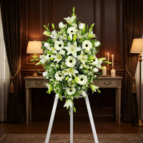 Pedestal Fúnebre Inmaculada: Elegancia y Respeto en Homenaje Floral Pedestal fúnebre Inmaculada con lirios blancos, gerberas y follaje verde, presentado en una elegante sala de velación con ilu