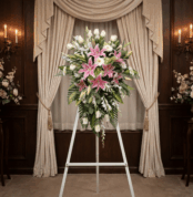 Impresionante pedestal fúnebre "Legado Eterno" con lirios rosados, rosas blancas y follaje exuberante, exhibido en una elegan