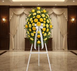 Pedestal fúnebre Legado Sereno con rosas y claveles amarillos, lazo blanco, en sala de velación elegante con cortinas y luz c