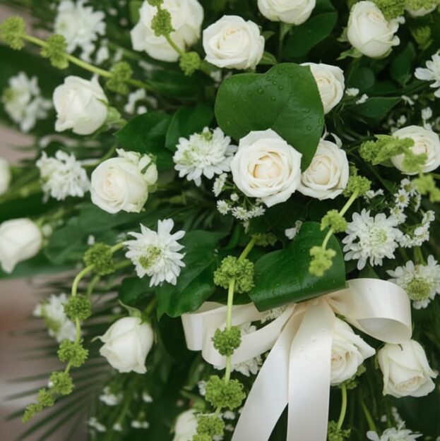Fotografía macro premium del Pedestal Fúnebre Nunca te Olvidaré, mostrando rosas blancas, follaje verde con rocío sutil y una