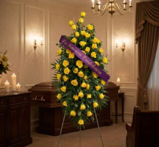 Pedestal fúnebre 'El Legado de Domingo' con rosas amarillas vibrantes y cinta morada 'En Sincera Condolencia' en sala de vela