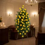 Pedestal fúnebre alto con rosas amarillas vibrantes y follaje verde, presentado en una elegante sala de velación con iluminac