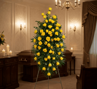 Pedestal fúnebre alto con rosas amarillas vibrantes y follaje verde, presentado en una elegante sala de velación con iluminac