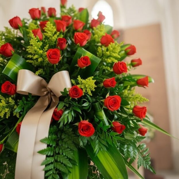 Primer plano de un pedestal fúnebre con rosas rojas vibrantes y follaje verde exuberante, adornado con una cinta satinada col