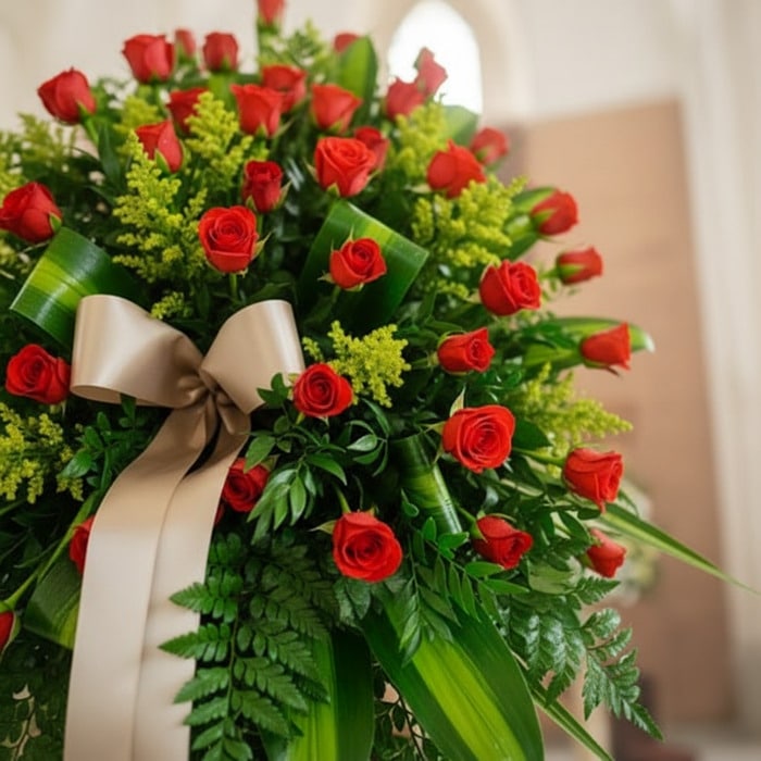Primer plano de un pedestal fúnebre con rosas rojas vibrantes y follaje verde exuberante, adornado con una cinta satinada col