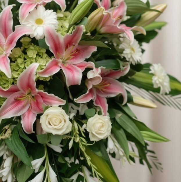 Primer plano macro de un arreglo fúnebre con lirios rosados, rosas blancas y margaritas, con rocío sutil y cinta satinada. Pr