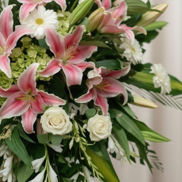 Primer plano macro de un arreglo fúnebre con lirios rosados, rosas blancas y margaritas, con rocío sutil y cinta satinada. Pr