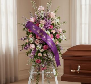 Pedestal funerario 'Luz de Elisa' con rosas y flores variadas en tonos pastel, cinta morada con 'Con Profundo Pésame', junto