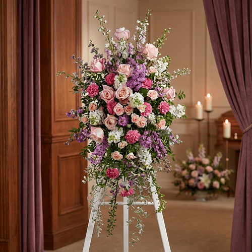 Pedestal Funerario ‘Luz de Elisa’: Un Homenaje Floral Elegante y Conmovedor Pedestal funerario 'Luz de Elisa' con rosas, claveles y lirios en tonos pastel, realzado en una sala de velación con iluminac