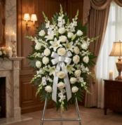 Pedestal de honor Abdon con rosas blancas, lirios y gladiolos en una elegante sala de velación, ideal para homenajes póstumos