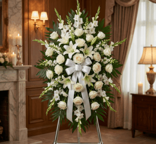 Pedestal de honor Abdon con rosas blancas, lirios y gladiolos en una elegante sala de velación, ideal para homenajes póstumos
