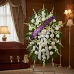 Imponente pedestal de honor Abdon con rosas blancas, lirios y gladiolos, adornado con una cinta morada que dice 'EN MEMORIA A