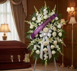 Imponente pedestal de honor Abdon con rosas blancas, lirios y gladiolos, adornado con una cinta morada que dice 'EN MEMORIA A