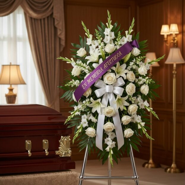 Imponente pedestal de honor Abdon con rosas blancas, lirios y gladiolos, adornado con una cinta morada que dice 'EN MEMORIA A
