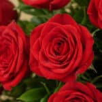 Primer plano extremo de una rosa roja vibrante con gotas de rocío, destacando su textura hiperrealista y frescura bajo luz na