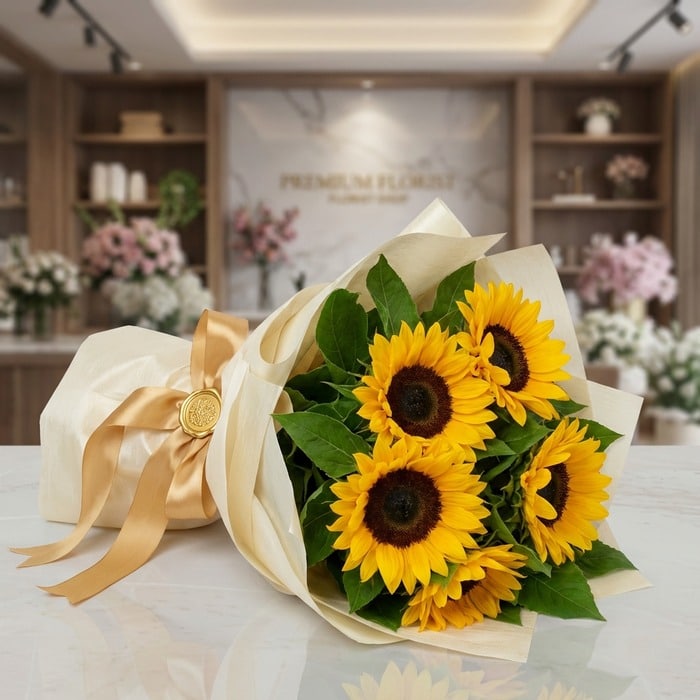 Ramillete o bouquet de girasoles vibrantes con hojas verdes, envuelto en papel crema elegante y atado con una cinta dorada, s