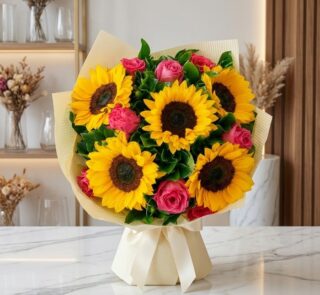 Ramillete o bouquet de girasoles y rosas rosadas, envuelto en papel crema con lazo, sobre mesa de mármol en floristería premi