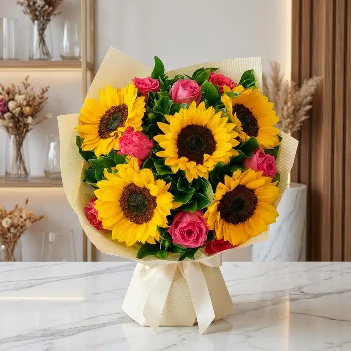Ramillete o Bouquet Primavera: Girasoles y Rosas Frescas para Regalar Ramillete o bouquet de girasoles y rosas rosadas, envuelto en papel crema con lazo, sobre mesa de mármol en floristería premi