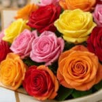 Primer plano extremo de un ramillete de rosas multicolor con gotas de rocío, mostrando texturas hiperrealistas y colores vibr