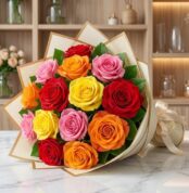 Ramillete o bouquet de rosas multicolor vibrantes con empaque elegante, ideal para ecommerce de floristería premium.