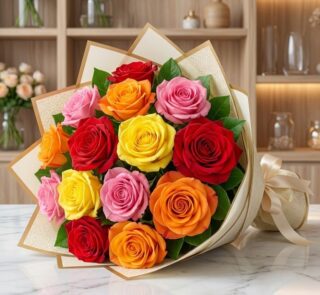 Ramillete o bouquet de rosas multicolor vibrantes con empaque elegante, ideal para ecommerce de floristería premium.