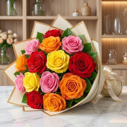 Ramillete o bouquet de rosas multicolor vibrantes con empaque elegante, ideal para ecommerce de floristería premium.